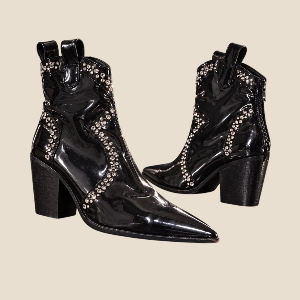 Jeffrey Campbell Nightwing Patent Rhinestone Western Booties Black Size 8